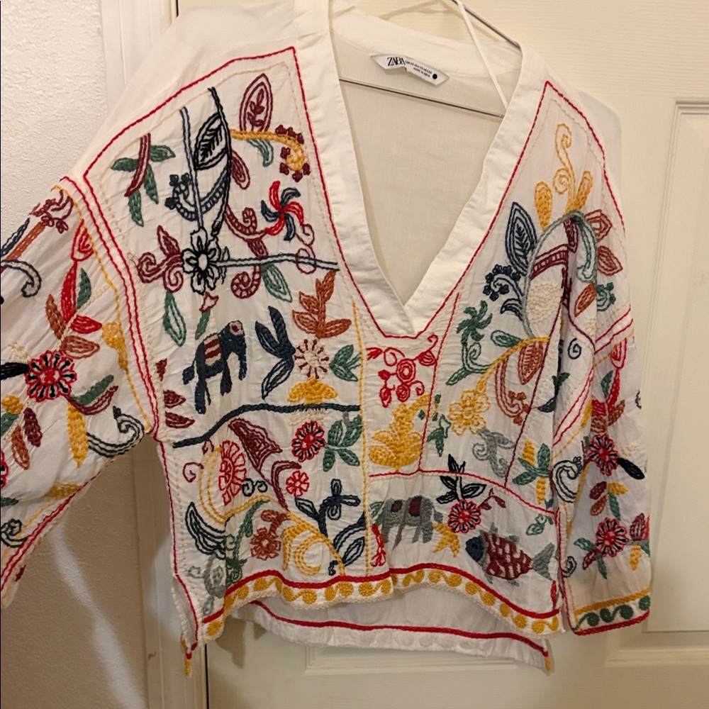 Zara White Top with Colorful Embroidery